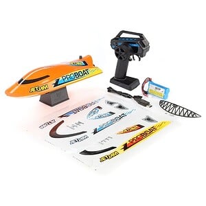 Remote-controlled RC boat with decals and accessories for hobbyists. Perfect for water racing and fun.