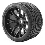 High-performance RC racing tires with sleek black alloy wheels, ideal for RC car enthusiasts.
