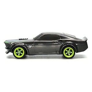 High-performance RC car with black body and neon green wheels for racing.