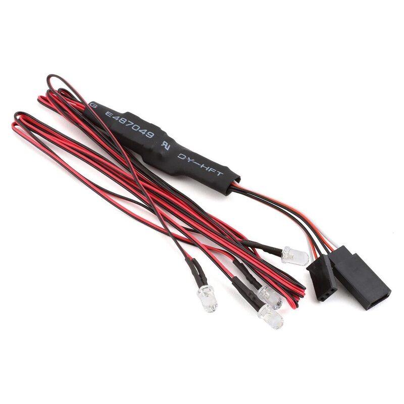 Versatile RC car wiring harness with LED lights, connectors, and wires for advanced remote control vehicles.