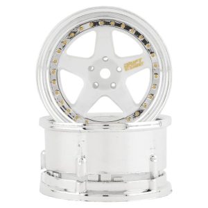 DS Racing Drift Element 5 Spoke Drift Wheels (White & Chrome w/Gold Rivets) (2)