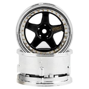 DS Racing Drift Element 5 Spoke Drift Wheels (Black & Chrome w/Gold Rivets) (2) (Adjustable Offset)