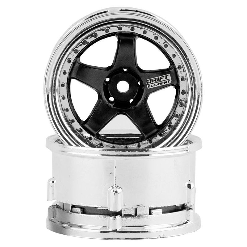 DS Racing Drift Element 5 Spoke Drift Wheels (Black & Chrome w/Black Rivets) (2)