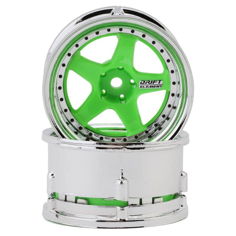 DS Racing Drift Element 5-Spoke Drift Wheel - Fluorescent Green/Chrome Lip/Black Rivet (2) DSC-DE-028