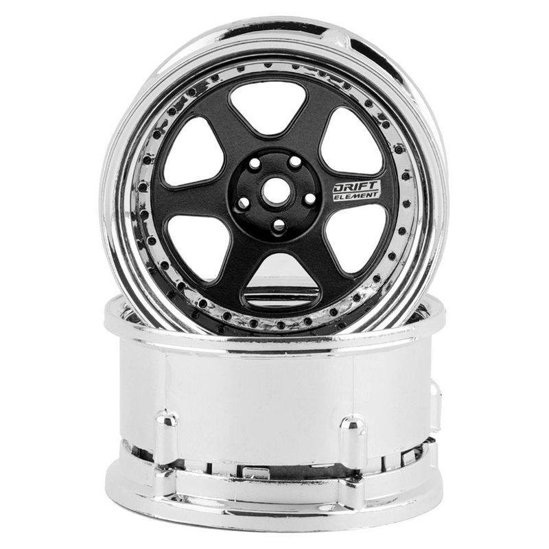DS Racing Drift Element 6 Spoke Drift Wheels (Black & Chrome w/Black Rivets) (2)