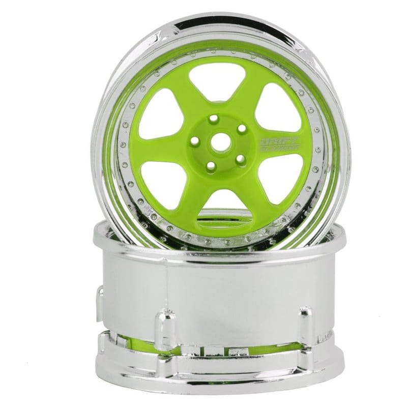 DS Racing Drift Element 6 Spoke Drift Wheel Green Face/Chrome Lip/Chrome Rivet Adjustable Offset