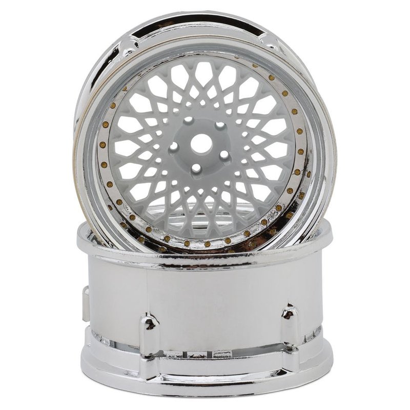 DS Racing Element Mesh Drift Wheels (White w/Chrome Lip & Gold Rivets) (Adjustable Offset) (2) w/12mm Hex DSC-DE-311