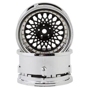 DS Racing Element Mesh 1/10 Drift Wheels (Black w/Chrome Lip & Gold Rivets) (2) (Adjustable Offset)