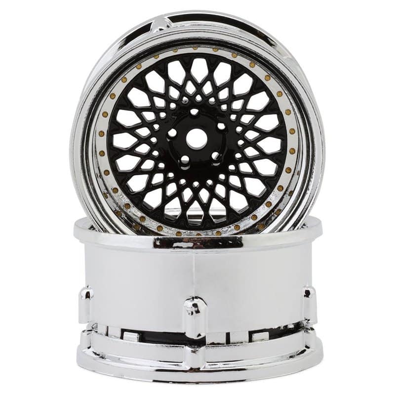 DS Racing Element Mesh 1/10 Drift Wheels (Black w/Chrome Lip & Gold Rivets) (2) (Adjustable Offset)