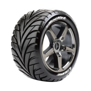 T-Rocket 1/8 Off-Road Truggy Tires, 0" Offset, 17mm on Black Chrome Spoke Rim, Front/Rear (2)