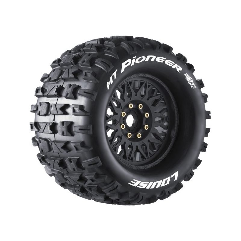 Louise R/C MFT MT-Pioneer Sport 1/8 Monster Truck Tires 17mm Hex 0 & 1/2 Offset Mounted on Black Rims (2)