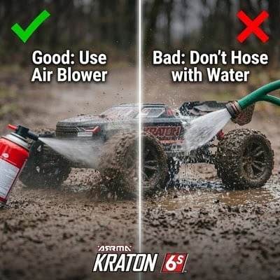 How to Clean & Maintain Your RC After a Muddy Run 2 RC car cleaning do's and don'ts: use an air blower (good) vs hosing with water (bad), shown on an ARRMA Kraton 6S