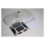 Clear plastic RC car body shell with decals and accessories for customization.