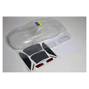 Clear plastic RC car body shell with decals and accessories for customization.