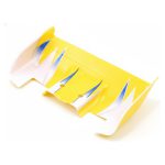 Bright yellow RC car spoiler with blue and white accents for high-speed remote control car upgrades.