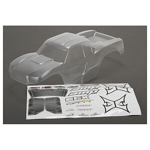 Detailed image of a clear RC car body shell with decals and stickers for customization, perfect for RC hobbyists.