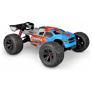 High-performance RC car with large tires and sleek design for off-road racing.