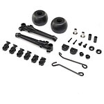 Miniature RC car parts for maintenance and upgrades, including wheels, screws, and suspension components.