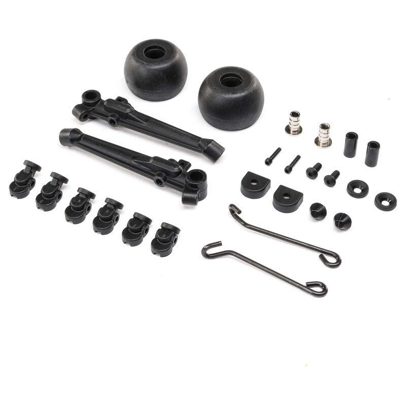 RC Car Spare Parts Kit. Miniature RC car parts for maintenance and upgrades, including wheels, screws, and suspension components.