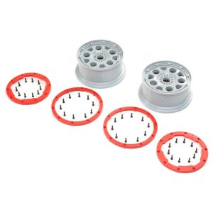 RC car wheel rims and screw-on red and black wheel nuts for remote control cars.