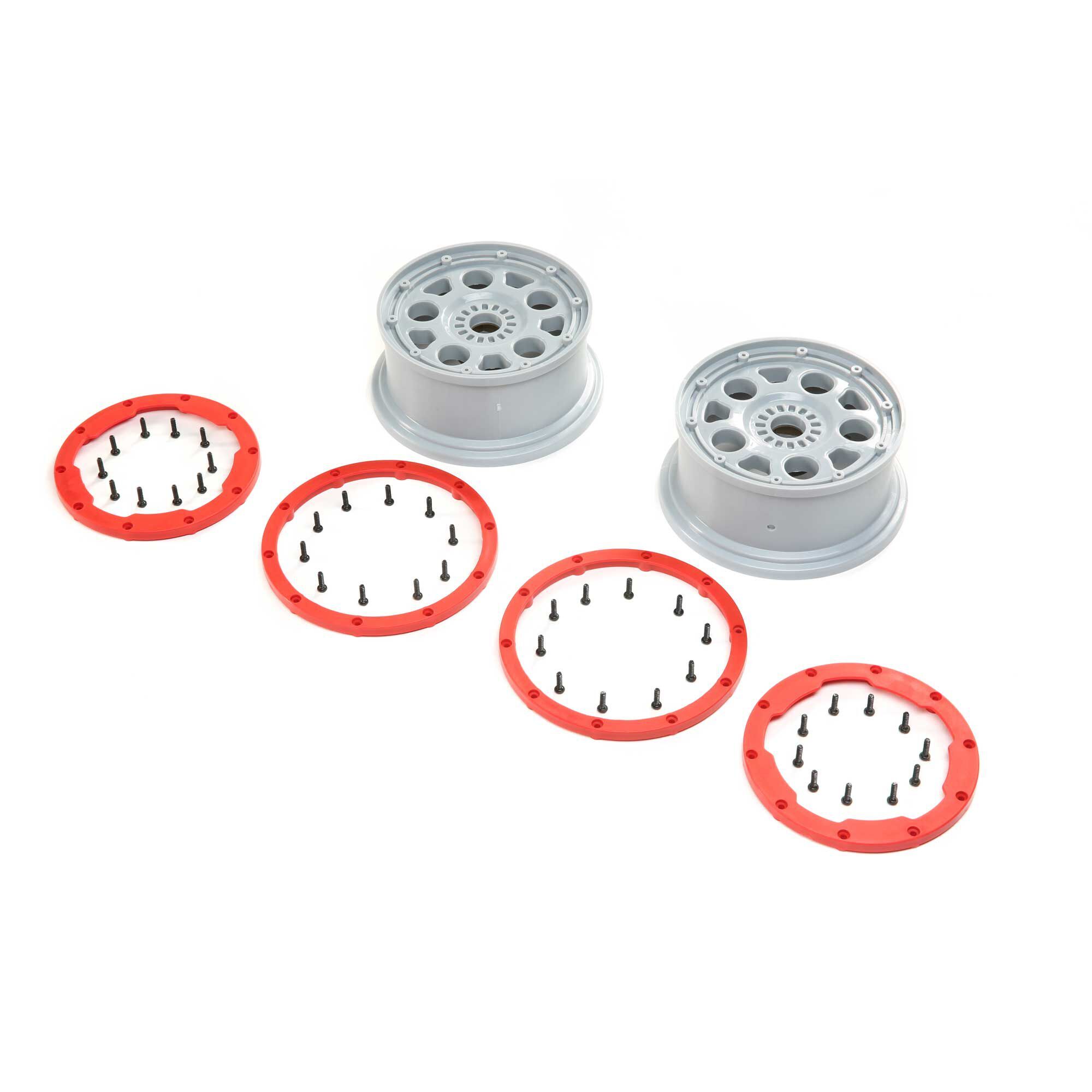 RC car wheel rims and accessories for enhancing performance and durability. RC car wheel rims and screw-on red and black wheel nuts for remote control cars.