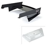 Black RC car rear wing spoiler for improved aerodynamics and stability during high-speed races.