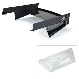 Black RC car rear wing spoiler for improved aerodynamics and stability during high-speed races.