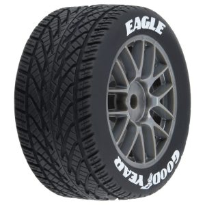 High-quality RC car tire featuring rubber tread and a silver alloy wheel for off-road racing and hobbyist use.