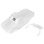 Clear plastic RC car body shell with roof and side panels for remote control racing cars.
