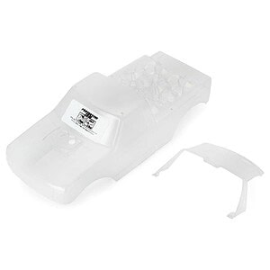 Clear plastic RC car body shell with roof and side panels for remote control racing cars.