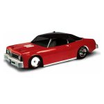 Detailed image of a classic red RC car with sleek black roof, demonstrating high-speed remote-controlled vehicle design.
