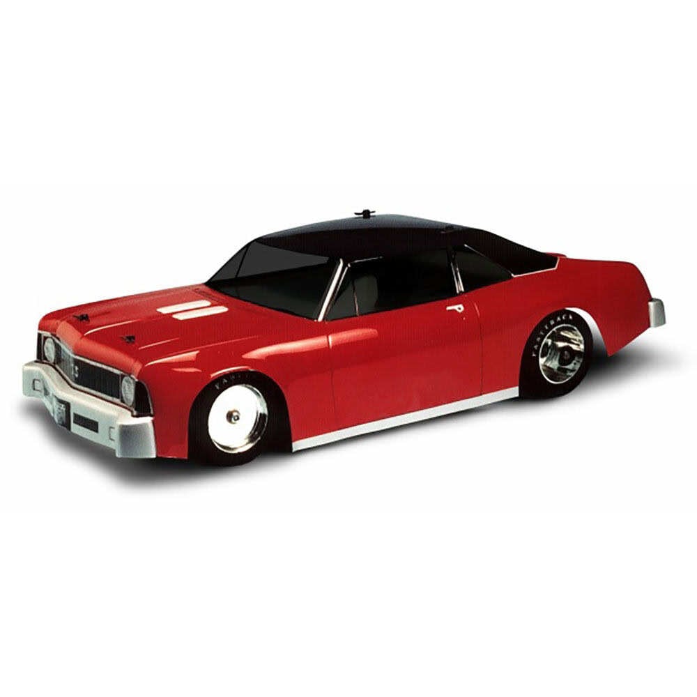 Detailed image of a classic red RC car with sleek black roof, demonstrating high-speed remote-controlled vehicle design.