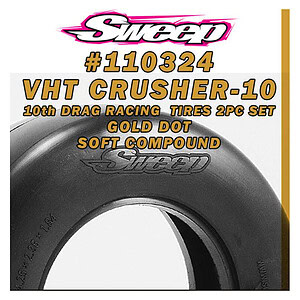 High-performance VHT Crusher-10 drag racing tires for RC cars, soft compound, gold dot, 2-piece set.