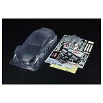 RC car clear body shell with decals and accessories for model customization.