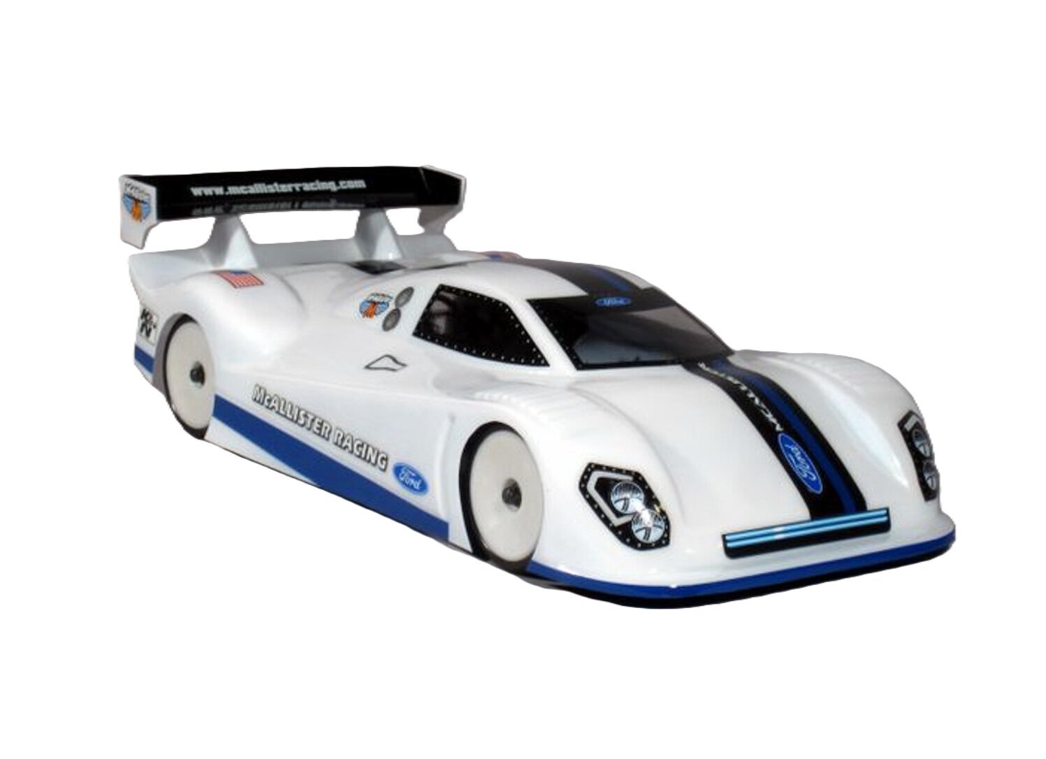 Detailed RC race car with Ford and Wallister Racing decals, perfect for remote control car enthusiasts.