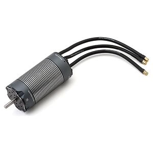 High-performance RC car motor with cooling fins and power cables for racing vehicles.