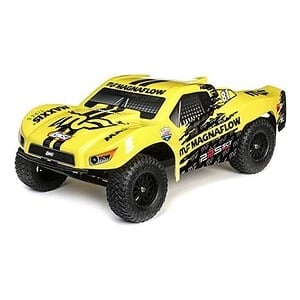 High-performance yellow RC off-road racing truck with durable tires and sleek design for RC car enthusiasts.