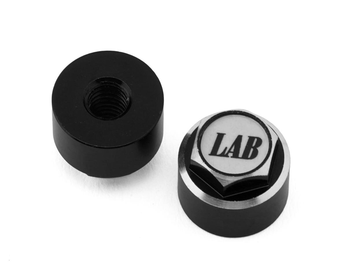 Black RC car wheel nut with LAB logo for remote control car upgrades and accessories.