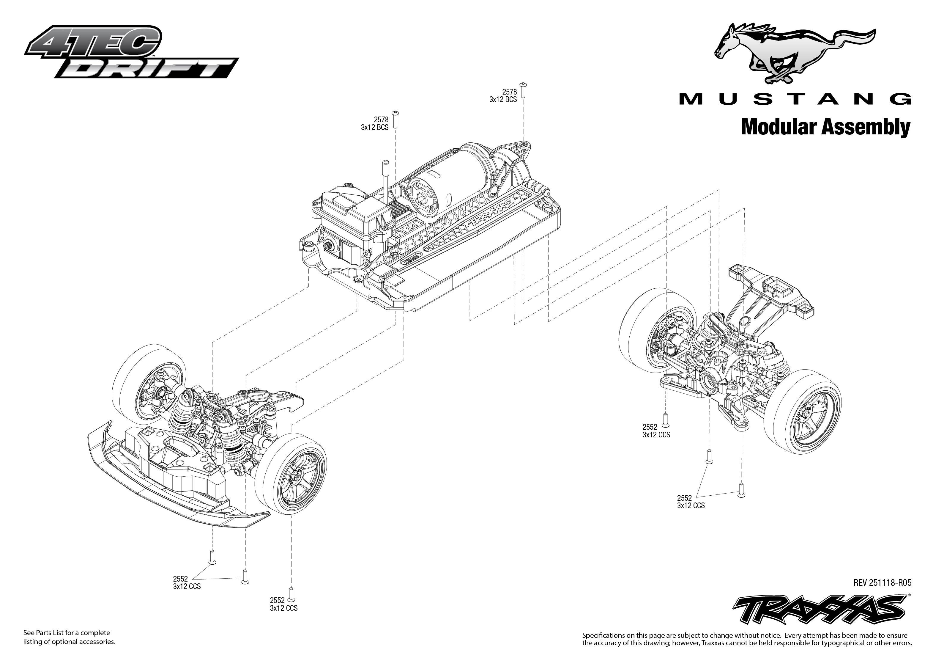 1/10 Traxxas 4-TEC RWD Drift Ford Mustang Black RTR 4 exploded views Modular Assembly
