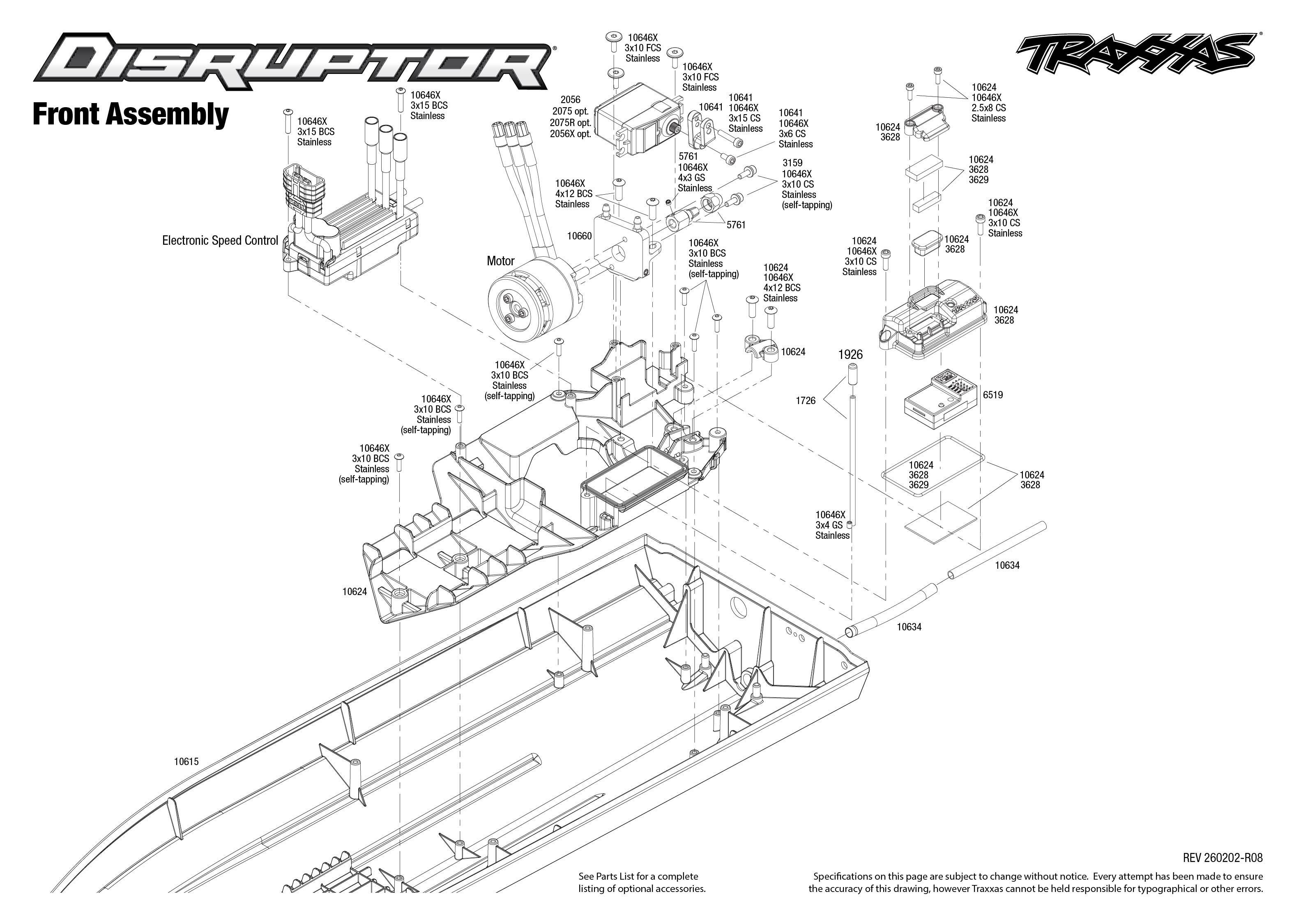 Traxxas 26in Disruptor 4S Self-Righting Boat Orange 2 Disruptor TQ Exploded Views Front Assembly