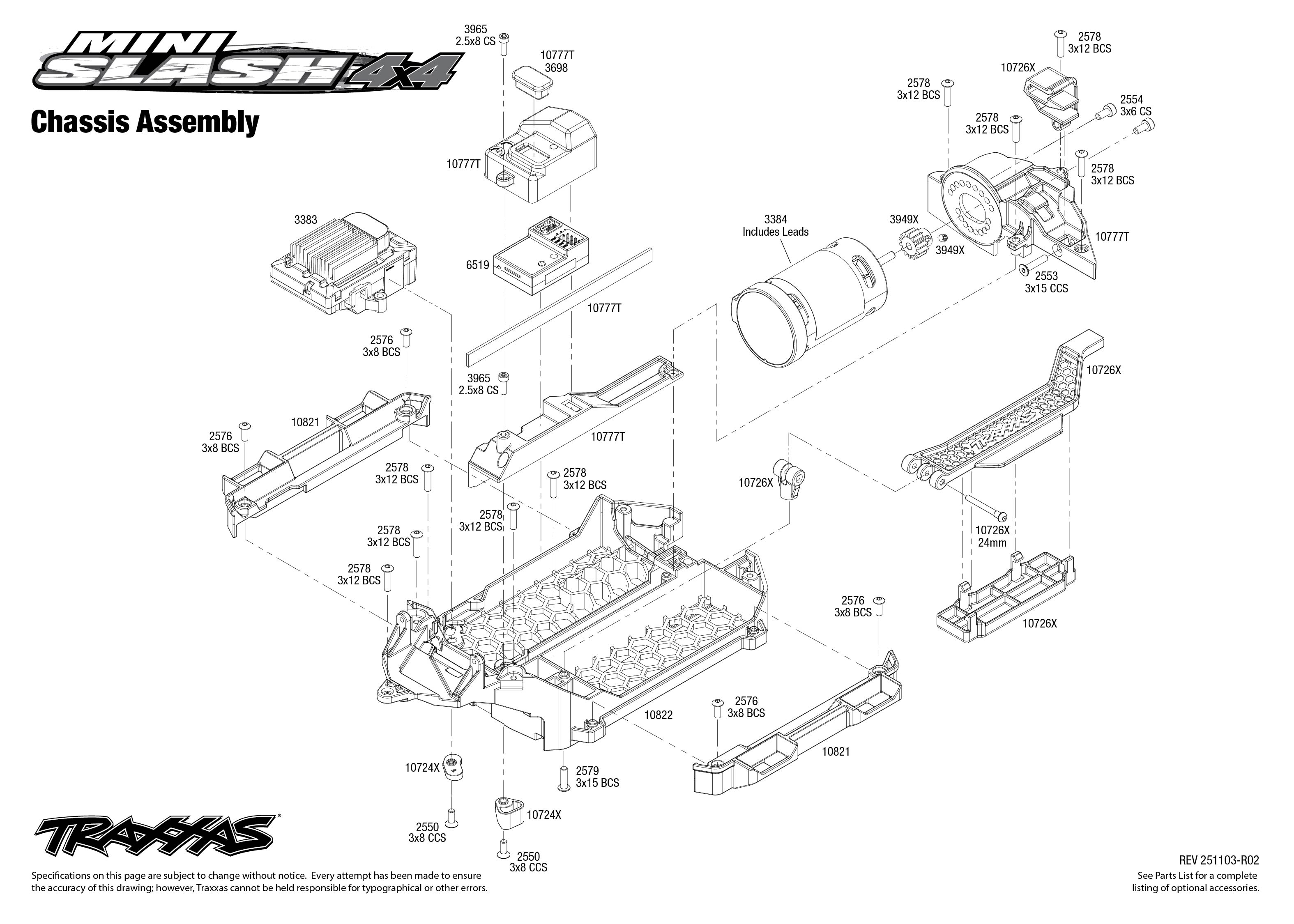 1/16 Traxxas Mini Slash Brushless 4WD RTR Short Course Truck Green 3 Mini Slash exploded views 251103 Chassis Assembly