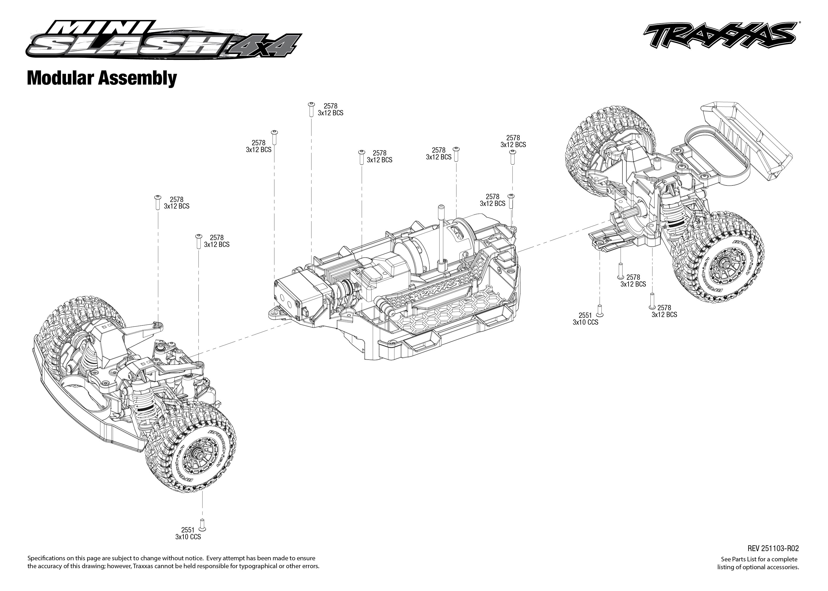 1/16 Traxxas Mini Slash Brushless 4WD RTR Short Course Truck Green 5 Mini Slash exploded views 251103 Modular Assembly