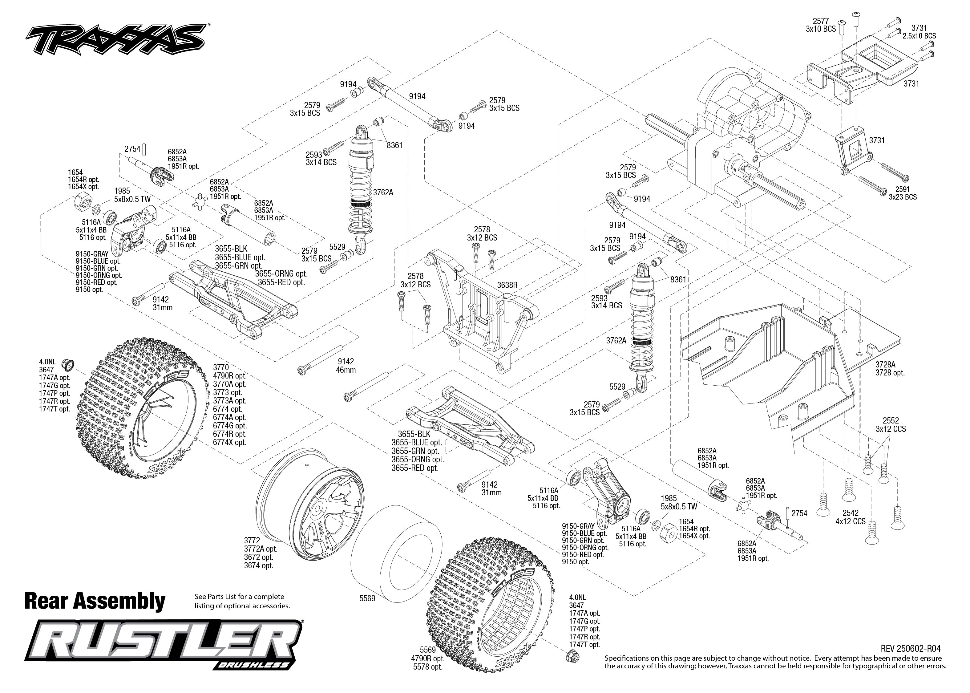 1/10 Traxxas Rustler 2WD BL-2S Stadium Truck Red 4 exploded views Rear Assembly