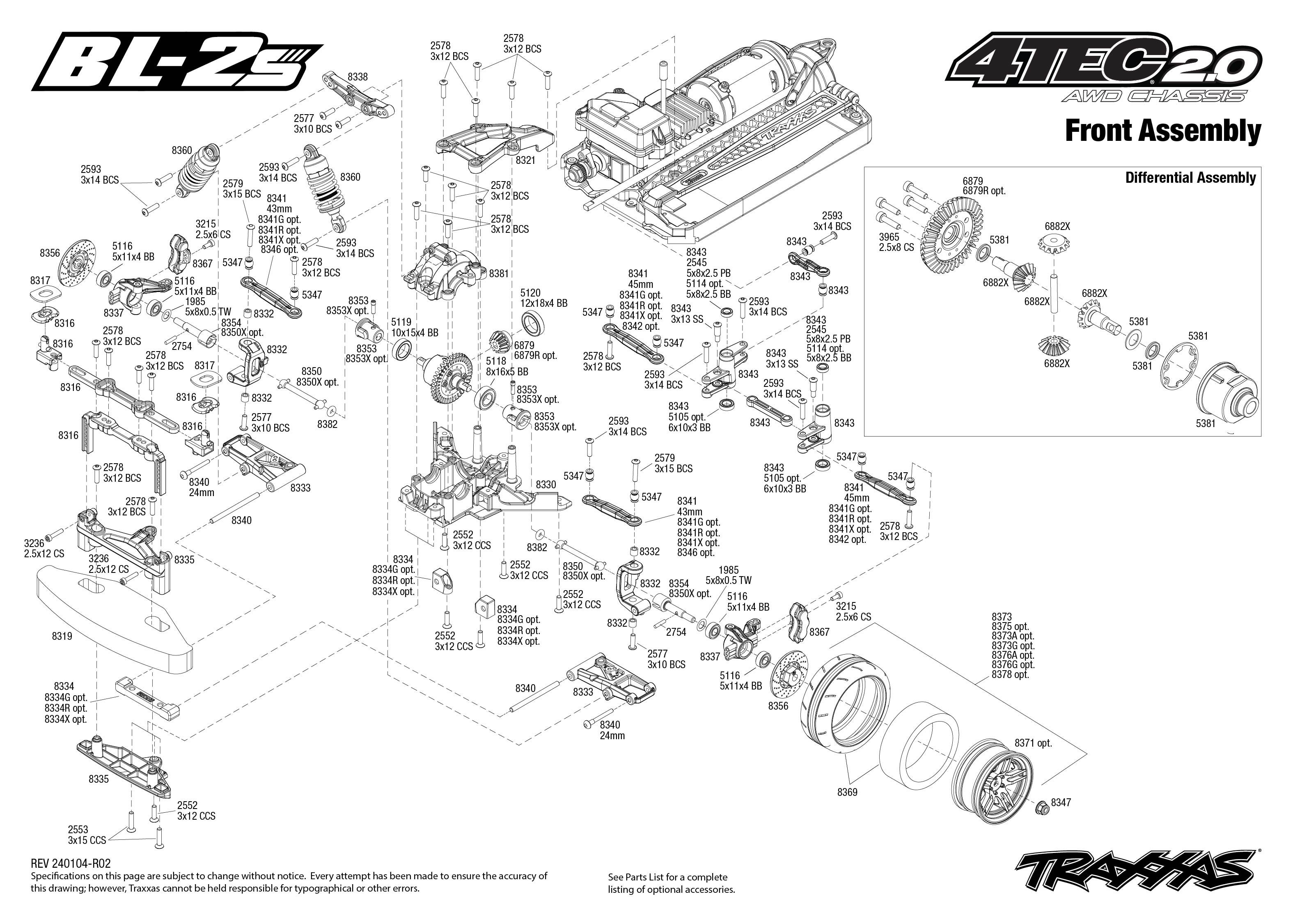 1/10 Traxxas 4-Tec BL-2S Brushless AWD Chassis-only 83124-4-R5 2 exploded views Front Assembly
