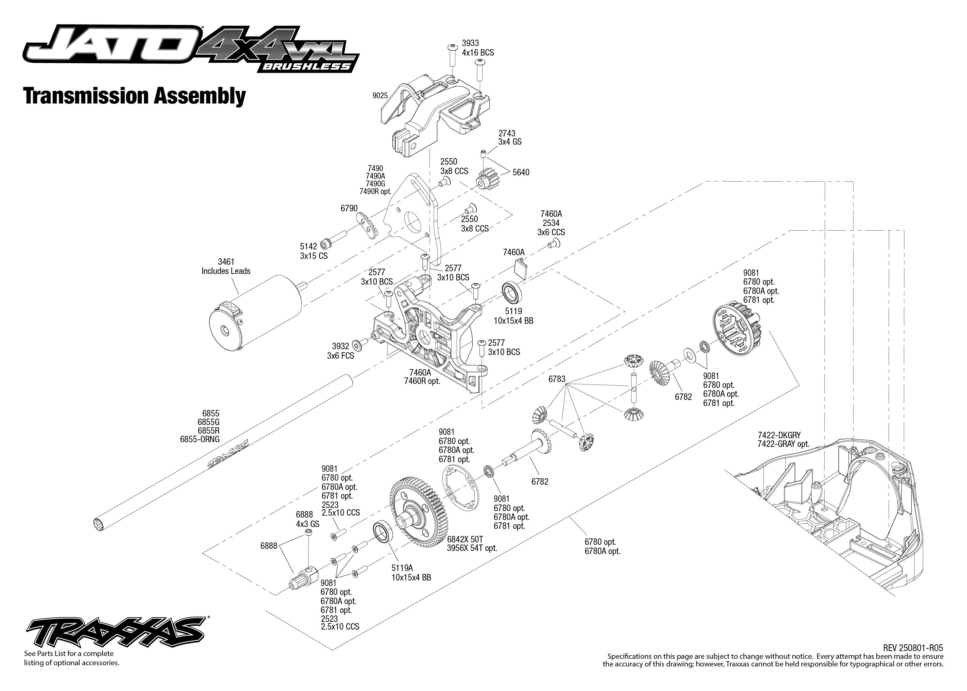 1/10 Traxxas Jato 4X4 VXL 60+mph Brushless Buggy Pink 6 Jato 4X4 Brushless Transmission Assembly