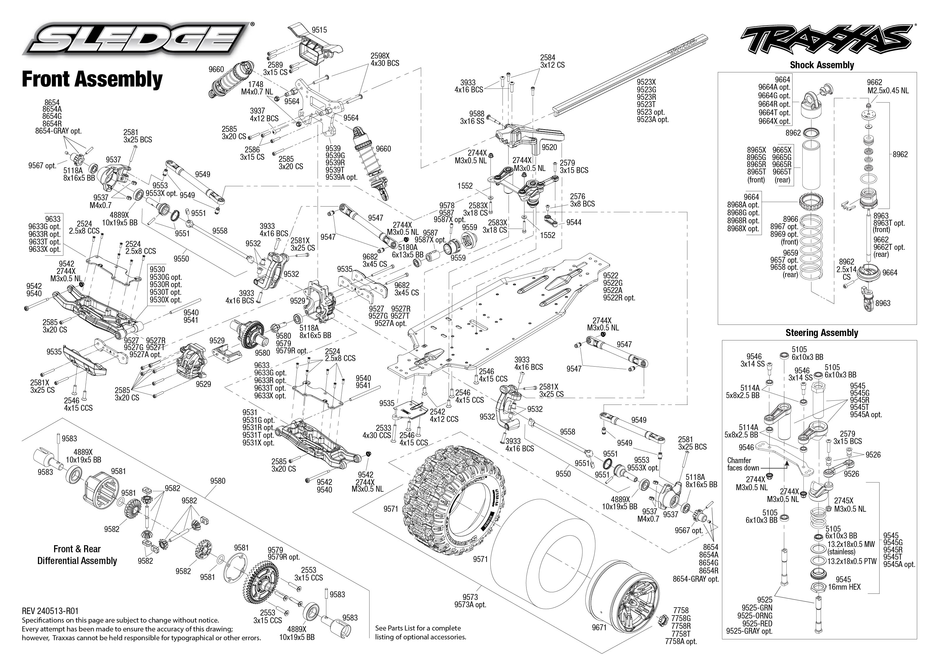 1/8 Traxxas Sledge 4WD Truck w/Belted Sledgehammer Tires Green 3 Sledge exploded views Front Assembly