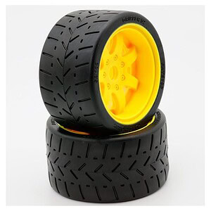 High-Performance RC car tires with yellow wheels, perfect for off-road and on-road racing.