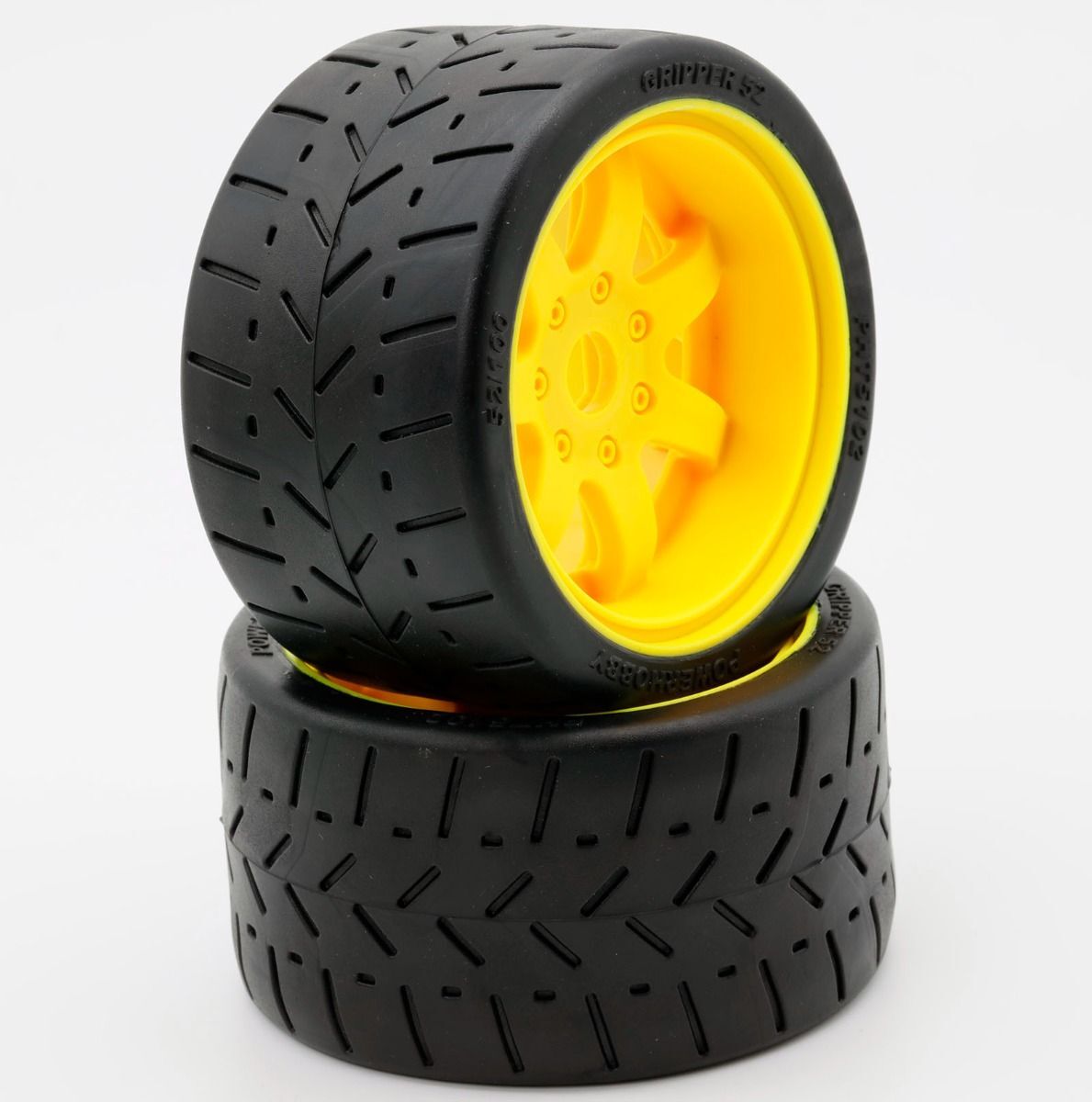 RC Tire Set. High-Performance RC car tires with yellow wheels, perfect for off-road and on-road racing.